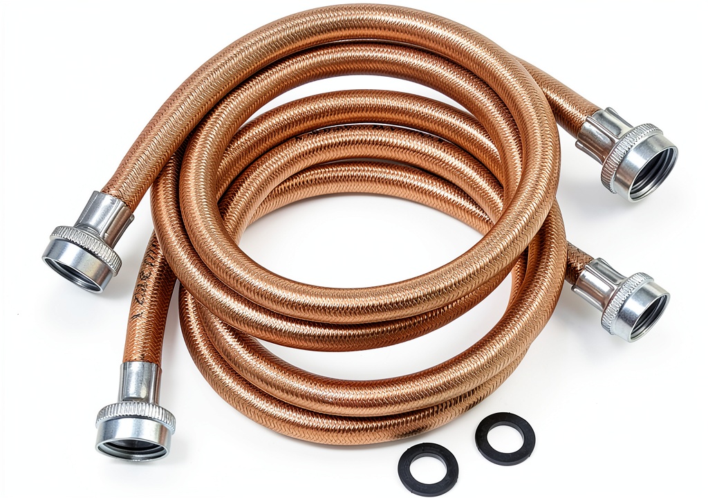 GE stainless steel washer hose set installed in a laundry room