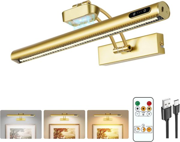 Magnetic Wireless Picture Light 16in Gold Rechargeable Remote Dimmable-0