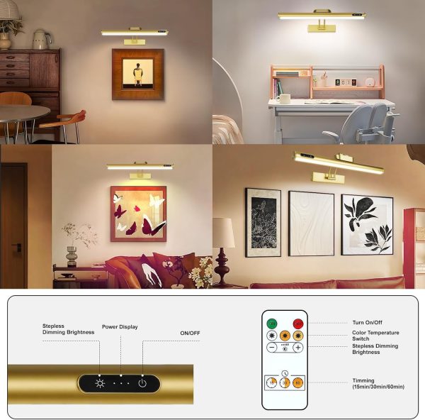 Magnetic Wireless Picture Light 16in Gold Rechargeable Remote Dimmable-7