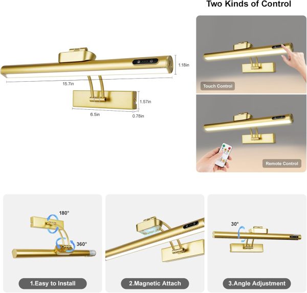 Magnetic Wireless Picture Light 16in Gold Rechargeable Remote Dimmable-3