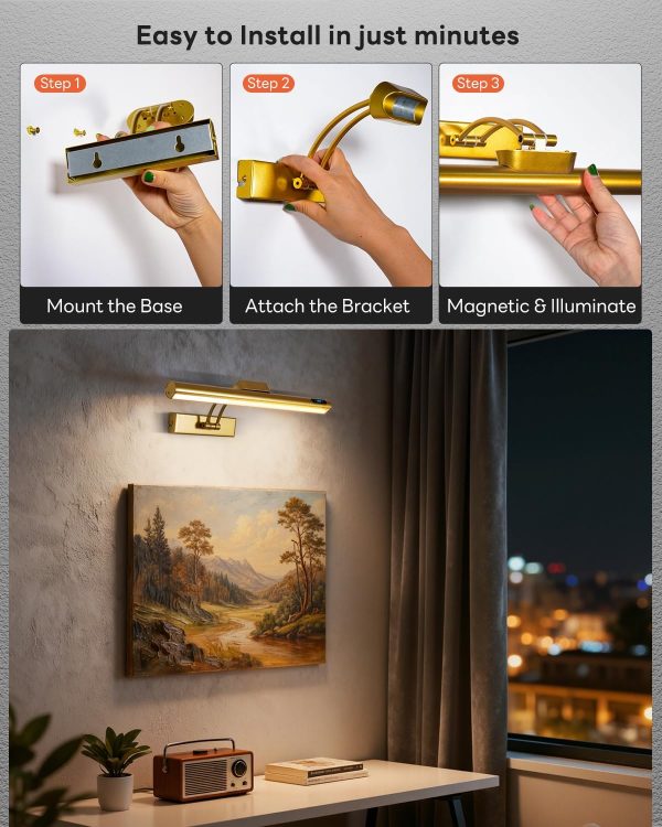 Magnetic Wireless Picture Light 16in Gold Rechargeable Remote Dimmable-4