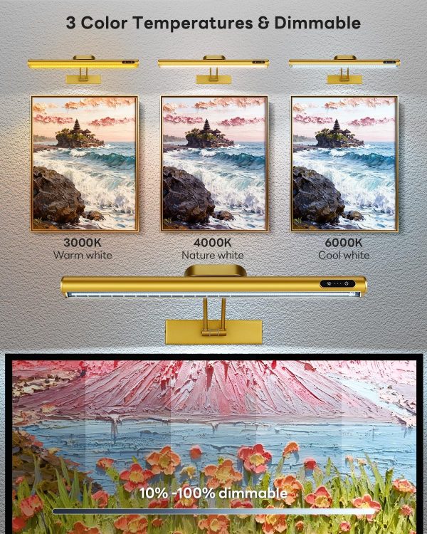 Magnetic Wireless Picture Light 16in Gold Rechargeable Remote Dimmable-1
